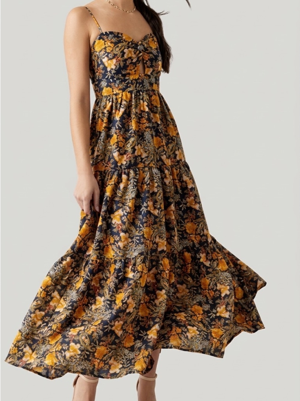 NWT Francesca's Collections Navy & Mustard Floral Tie-Front Maxi Dress - Picture 1 of 5